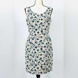 Ann Taylor Khaki & Blue Floral Sleeveless Scoop Neck Knee Length Shift Dress